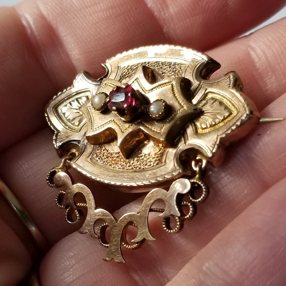 Antique 14k gold brooch solid 1800s Victorian pin yellow engraved - Picture 7 of 12